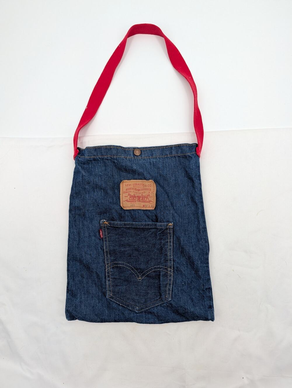 Vintage Levis Big E Red Tag 501 Denim Bag One Strap 1960s or 1970s Snap Works